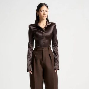 Maniere de Voir Wide Shoulder Satin Shirt Bodysuit - Brown size 8